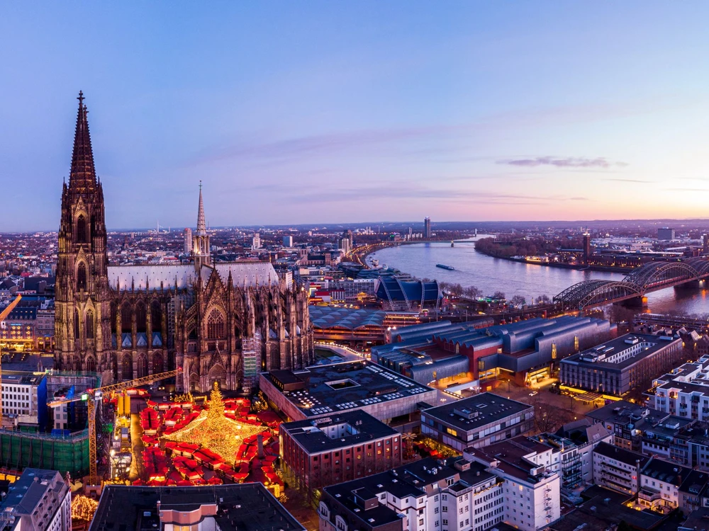 Cologne Germany Christmas market, aerial drone view over Cologne rhine river Germany Europe